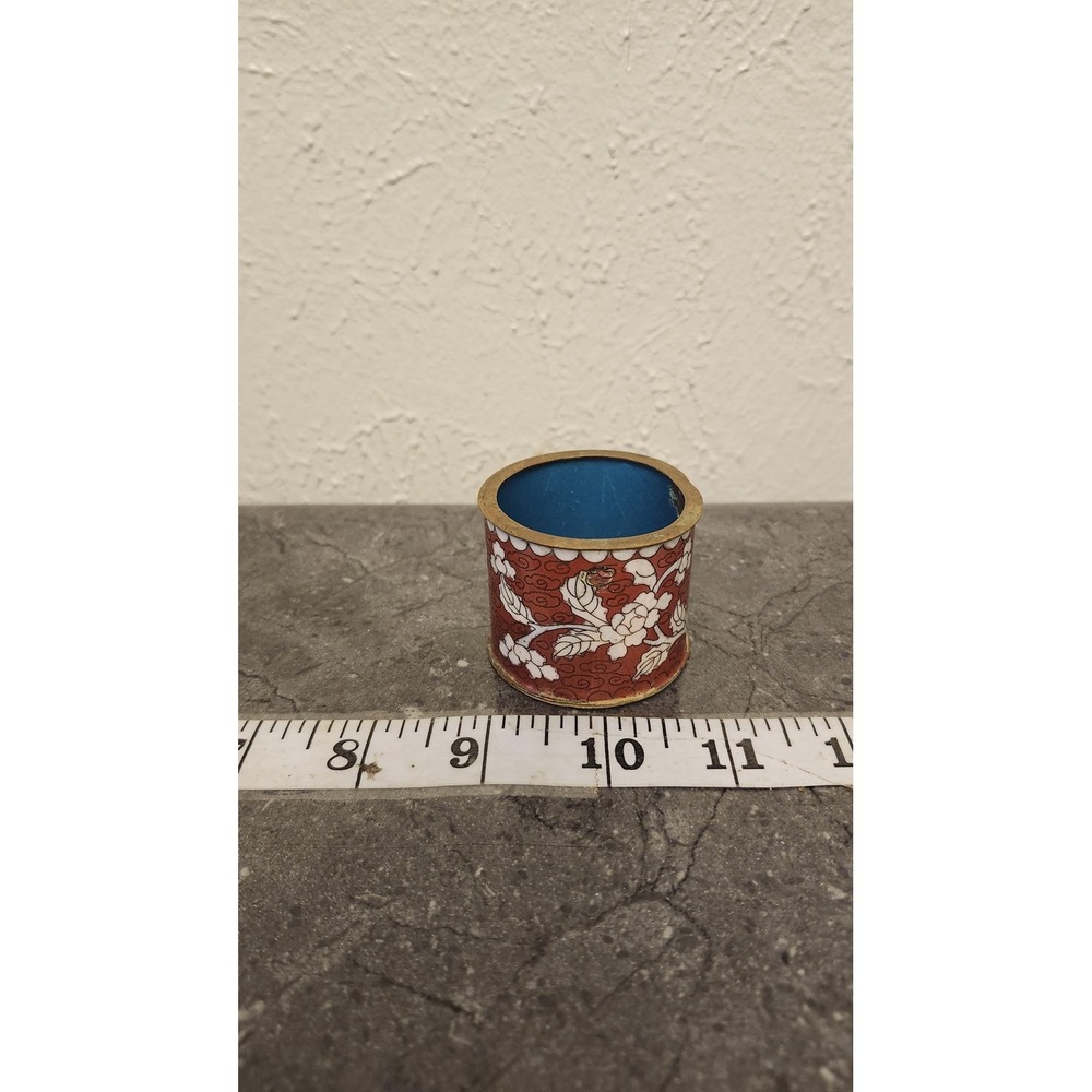 Vintage Chinese Cloisonne Red Floral Enamel Mini Pot Toothpick Holder Decor - Picture 2 of 8